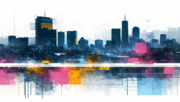 画像: 現代的な都市のスカイラインを描いた抽象的なデジタルアート。色とりどりの幾何学模様が都市の活気を表現している。キーワード: