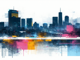 画像: 現代的な都市のスカイラインを描いた抽象的なデジタルアート。色とりどりの幾何学模様が都市の活気を表現している。キーワード: