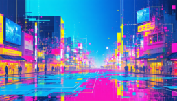 画像: デジタルアートのサイバーパンクシティ景観。鮮やかなネオンカラーのビルや看板が並ぶ未来的な都市の街並み。夜の街に反射する光