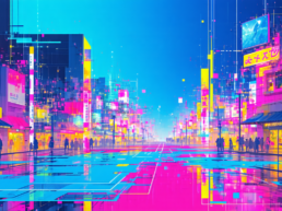 画像: デジタルアートのサイバーパンクシティ景観。鮮やかなネオンカラーのビルや看板が並ぶ未来的な都市の街並み。夜の街に反射する光