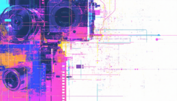 画像: この画像は、カラフルな幾何学模様で構成されたデジタルアート作品で、カメラや技術をテーマにしています。ピンク、ブルー、イエローの