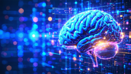 画像: デジタル背景に浮かぶネオンブルーの脳のイラストです。人工知能、データ解析、未来技術を象徴する視覚表現。技術革新やサイバー