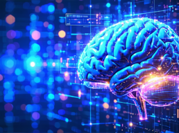 画像: デジタル背景に浮かぶネオンブルーの脳のイラストです。人工知能、データ解析、未来技術を象徴する視覚表現。技術革新やサイバー