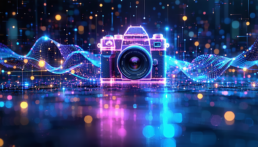 画像: デジタルカメラのネオンイラストが暗い背景に浮かび上がる。鮮やかな光の効果がシーンを彩り、未来的な感覚を演出。技