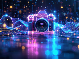 画像: デジタルカメラのネオンイラストが暗い背景に浮かび上がる。鮮やかな光の効果がシーンを彩り、未来的な感覚を演出。技