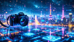 画像: デジタル都市の夜景を背景にしたカメラのイメージ。未来のテクノロジー溢れる風景が広がり、ネオンの光が印象的。キーワード：