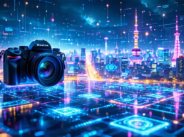 画像: デジタル都市の夜景を背景にしたカメラのイメージ。未来のテクノロジー溢れる風景が広がり、ネオンの光が印象的。キーワード：