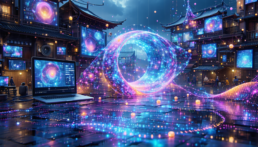 画像: 古典的な日本の街並みに、未来的なデジタルアートのホログラムが浮かぶ幻想的なシーン。空間には鮮やかな色彩の光が流れ、ノート