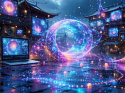 画像: 古典的な日本の街並みに、未来的なデジタルアートのホログラムが浮かぶ幻想的なシーン。空間には鮮やかな色彩の光が流れ、ノート