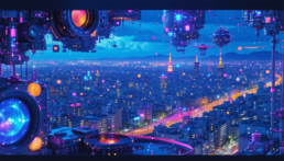 画像: 未来的な都市の風景。ネオンカラーのライトが輝く夜の大都市で、空中に浮かぶ技術的な構造物が印象的。テクノロジー、サイ