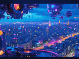 画像: 未来的な都市の風景。ネオンカラーのライトが輝く夜の大都市で、空中に浮かぶ技術的な構造物が印象的。テクノロジー、サイ