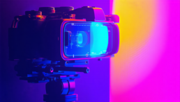 画像: カメラがトライポッドにセットされ、紫とピンクのネオンライトに包まれた現代的なスタジオシーンを映しています。デジタルカメラ、映像撮影