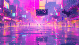 画像: ピンクと紫のネオンライトが輝くサイバーパンク風の都市の街並み。未来的なデザインが施された高層ビル群と、宙に浮かぶカメラ