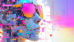 画像: 未来的なビジョンを描いたデジタルアート作品。カラフルなサングラスをかけたキャラクターの顔が、テクノロジーやサイバースペースの