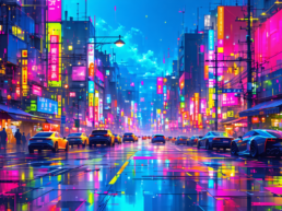 画像: ネオンに彩られた近未来の都市の夜景。明るい看板が並ぶ通りを車が走り抜け、歩道には多くの人々が行き交う。サイバ