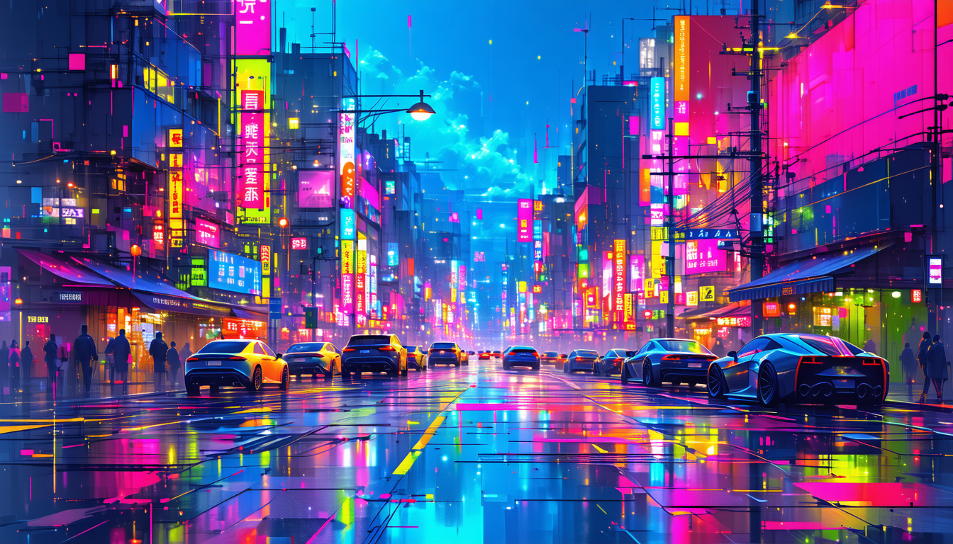 画像: ネオンに彩られた近未来の都市の夜景。明るい看板が並ぶ通りを車が走り抜け、歩道には多くの人々が行き交う。サイバ